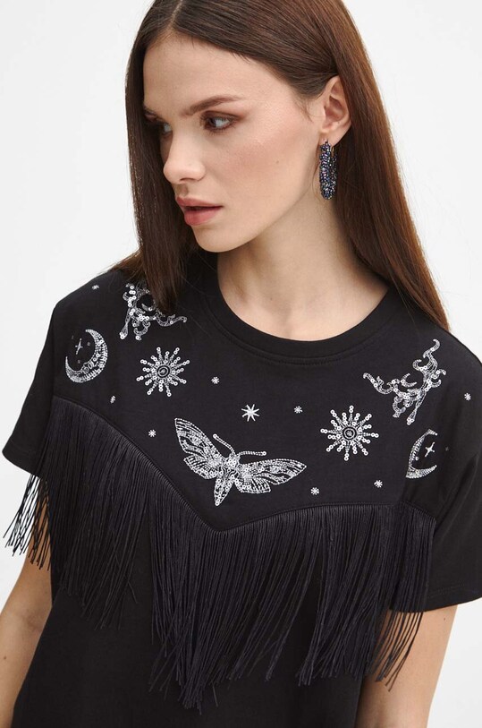 T-shirt bawełniany damski z aplikacją kolor czarny bawełna czarny RW23.TSDA00