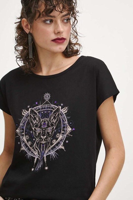 T-shirt bawełniany damski z nadrukiem kolor czarny okrągły czarny RW23.TSDA01