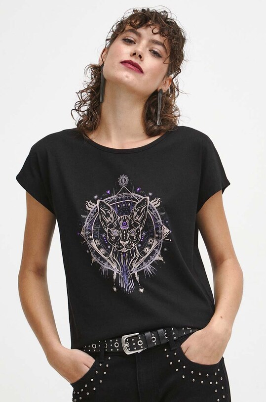 T-shirt bawełniany damski z nadrukiem kolor czarny czarny RW23.TSDA01