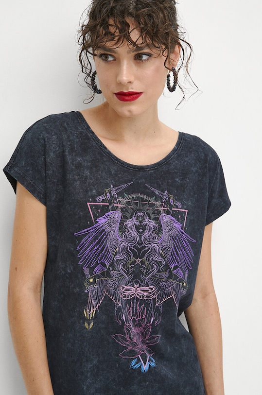 T-shirt bawełniany damski z nadrukiem kolor szary okrągły szary RW23.TSDA04