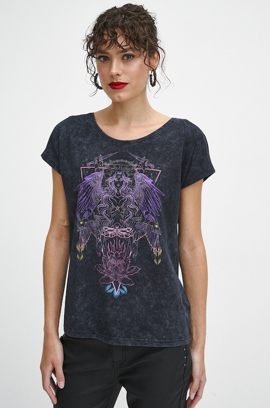T-shirt bawełniany damski z nadrukiem kolor szary szary RW23.TSDA04