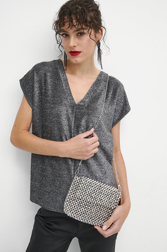 T-shirt damski z metaliczną nicią kolor srebrny srebrny RW23.TSDA08