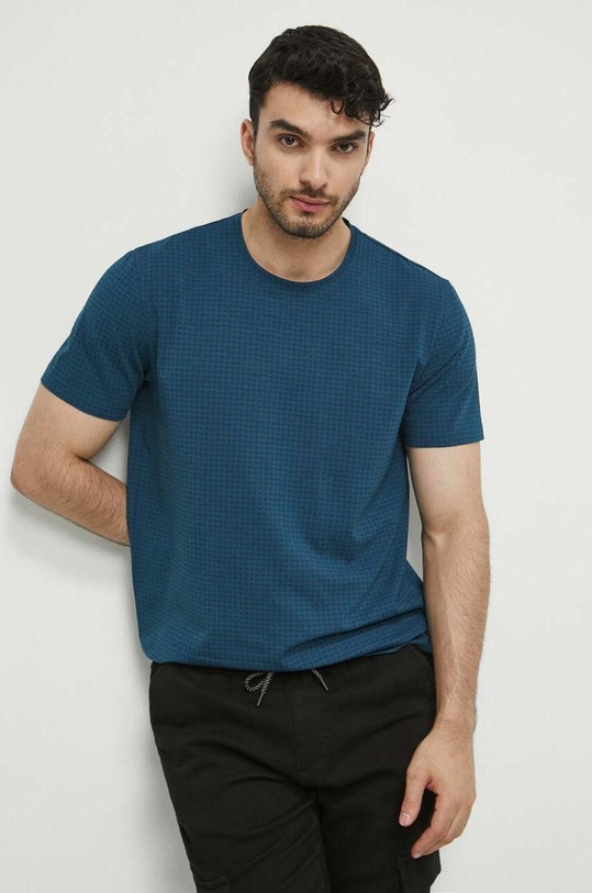 T-shirt bawełniany męski wzorzysty z domieszką elastanu kolor zielony z elastanem turkusowy RW23.TSM060