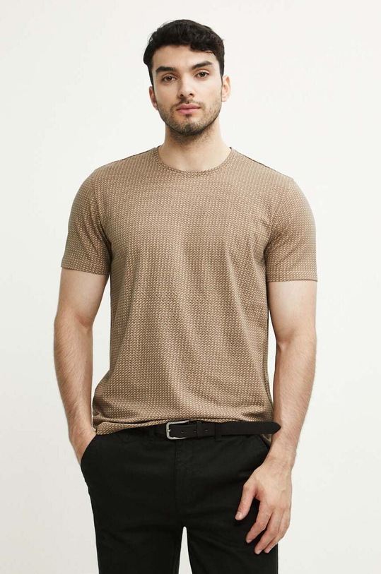 T-shirt bawełniany męski wzorzysty z domieszką elastanu kolor brązowy z elastanem brązowy RW23.TSM060