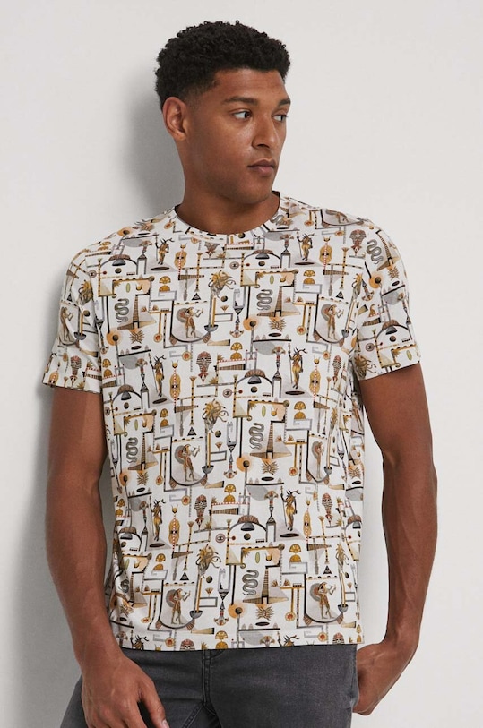 T-shirt bawełniany męski wzorzysty kolor beżowy bawełna beżowy RW23.TSM108