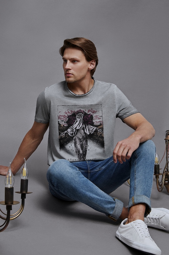 T-shirt bawełniany męski z kolekcji Zamkowe Legendy kolor szary okrągły szary RW23.TSM162