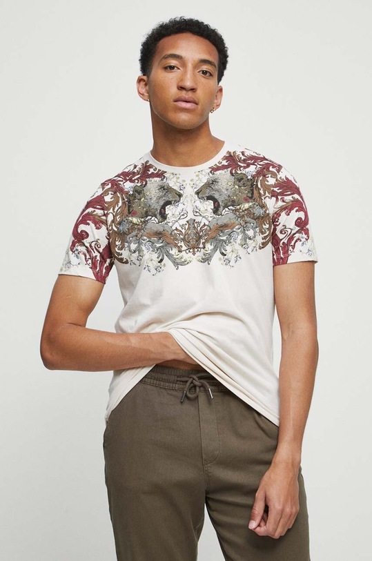 T-shirt bawełniany męski z nadrukiem kolor beżowy okrągły beżowy RW23.TSM303