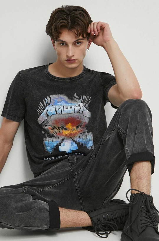 T-shirt bawełniany męski Metallica kolor szary okrągły szary RW23.TSM556