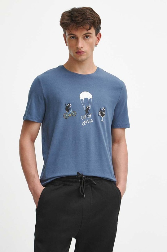 T-shirt bawełniany męski z nadrukiem z domieszką elastanu kolor niebieski okrągły niebieski RW23.TSM582