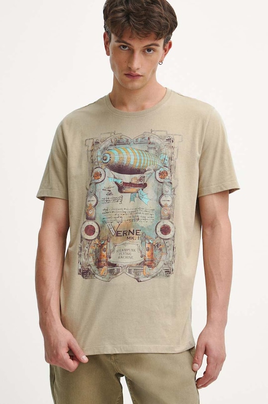 T-shirt bawełniany męski z nadrukiem kolor beżowy okrągły beżowy RW23.TSM800