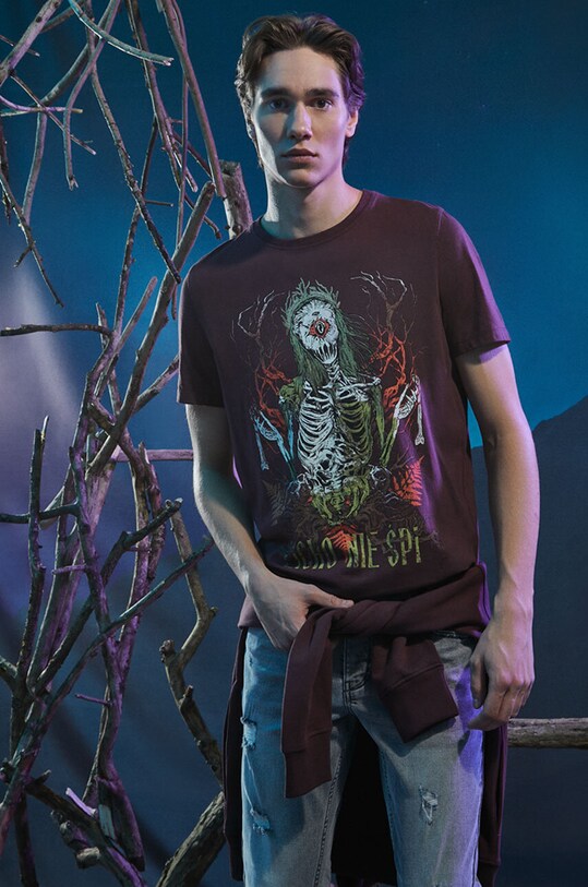 T-shirt bawełniany męski z kolekcji Bestiariusz kolor bordowy okrągły bordowy RW23.TSM854