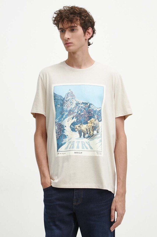 T-shirt bawełniany męski z nadrukiem z domieszką elastanu kolor beżowy okrągły beżowy RW23.TSM901
