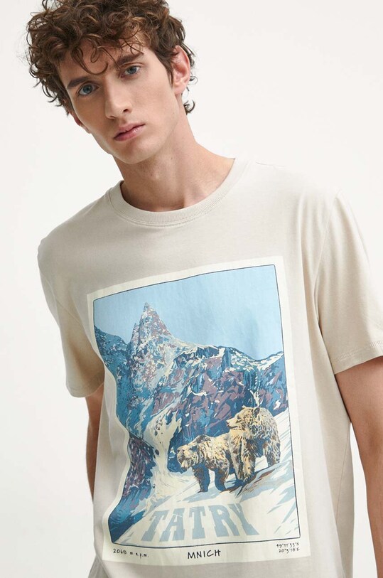 T-shirt bawełniany męski z nadrukiem z domieszką elastanu kolor beżowy beżowy RW23.TSM901