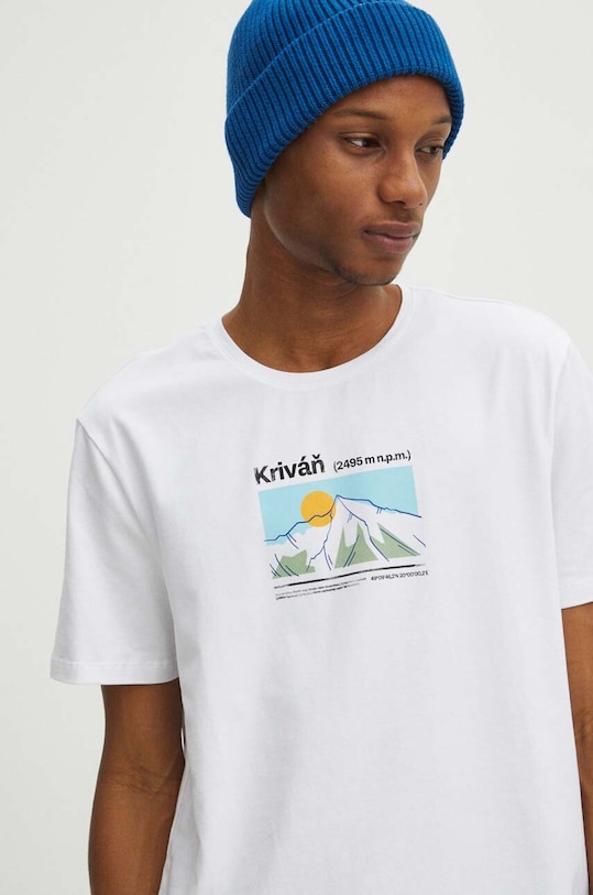 T-shirt bawełniany męski z domieszką elastanu z nadrukiem kolor biały okrągły biały RW23.TSM910