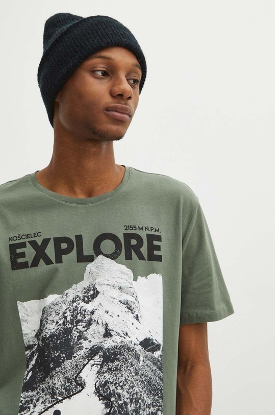 T-shirt bawełniany męski z domieszką elastanu z nadrukiem kolor zielony okrągły zielony RW23.TSM913