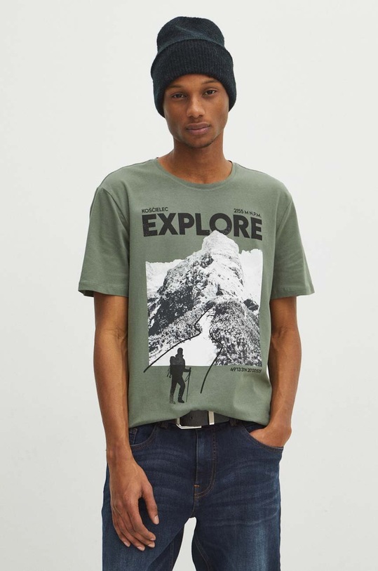 T-shirt bawełniany męski z domieszką elastanu z nadrukiem kolor zielony zielony RW23.TSM913
