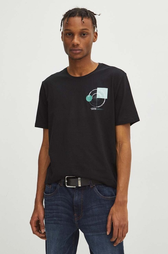 T-shirt bawełniany męski z domieszką elastanu z nadrukiem kolor czarny czarny RW23.TSM917
