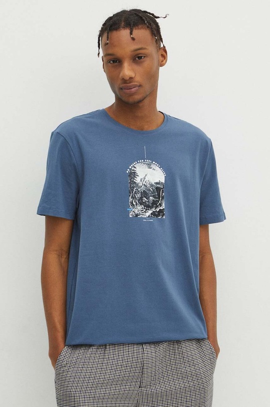T-shirt bawełniany męski z domieszką elastanu z nadrukiem kolor niebieski okrągły niebieski RW23.TSM918