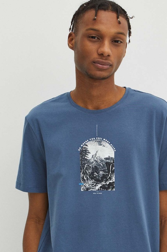 T-shirt bawełniany męski z domieszką elastanu z nadrukiem kolor niebieski niebieski RW23.TSM918