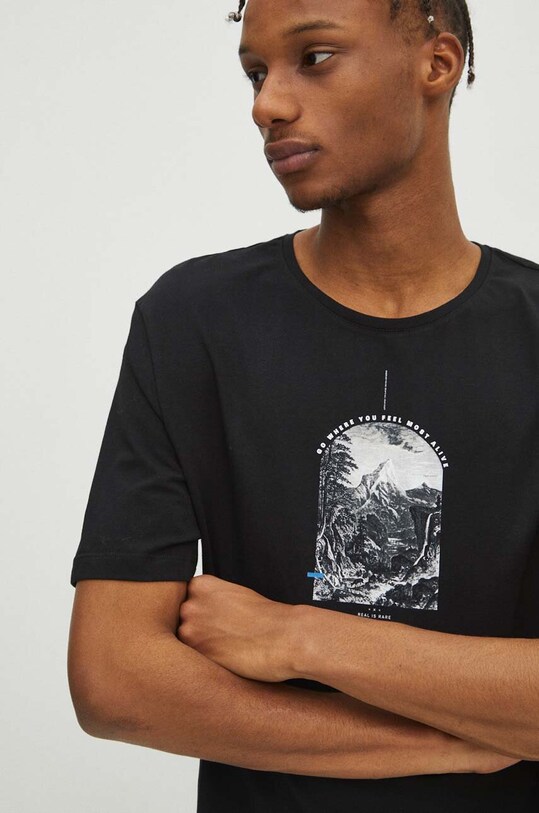 T-shirt bawełniany męski z domieszką elastanu z nadrukiem kolor czarny czarny RW23.TSM918