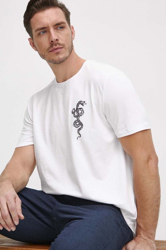 T-shirt męski z domieszką elastanu z nadrukiem kolor biały okrągły biały RW23.TSM921