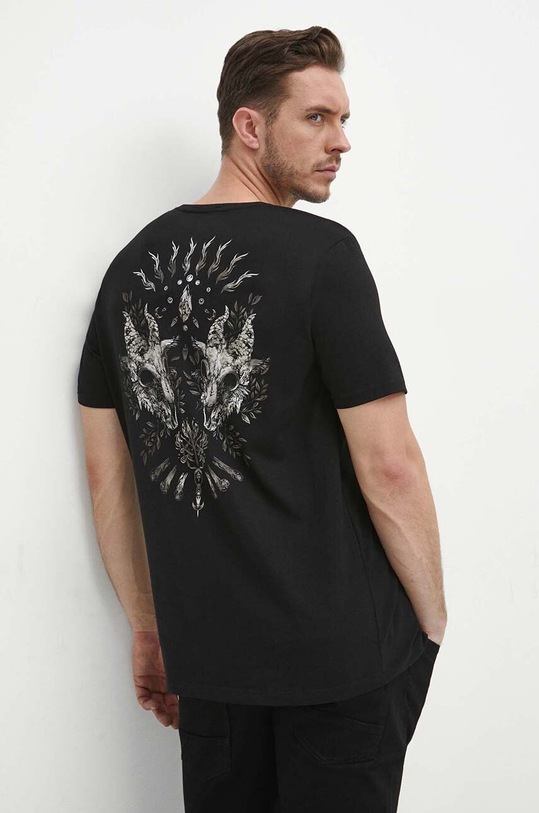 T-shirt bawełniany męski z domieszką elastanu z nadrukiem kolor czarny okrągły czarny RW23.TSM922