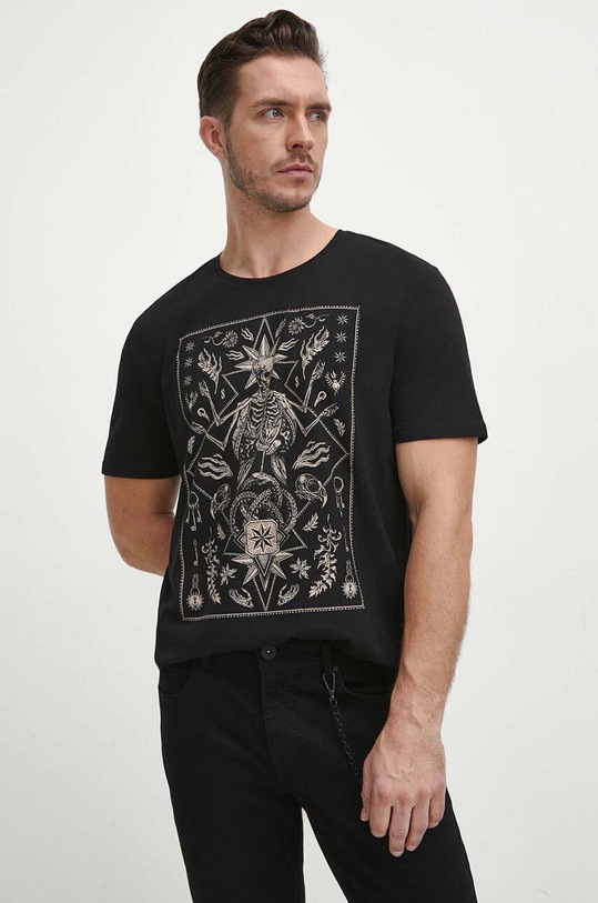 T-shirt bawełniany męski z domieszką elastanu z nadrukiem kolor czarny okrągły czarny RW23.TSM924