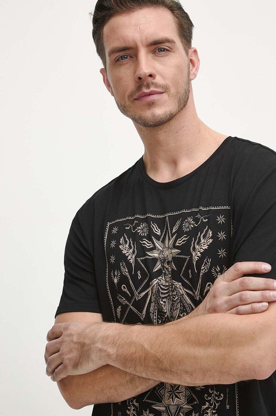 T-shirt bawełniany męski z domieszką elastanu z nadrukiem kolor czarny czarny RW23.TSM924