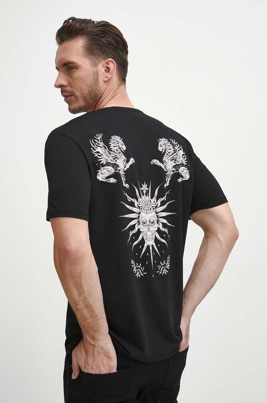 T-shirt bawełniany męski z domieszką elastanu z nadrukiem kolor czarny okrągły czarny RW23.TSM925