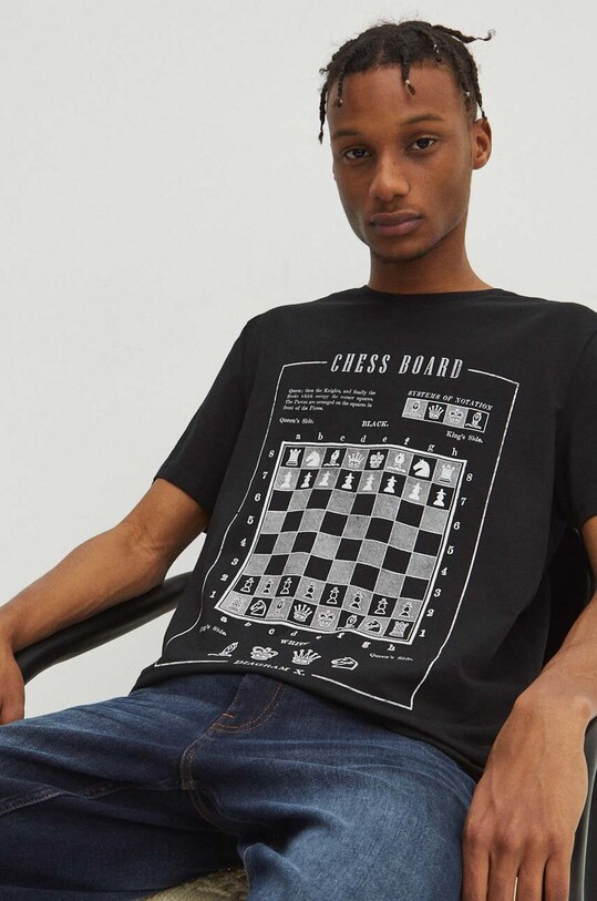 T-shirt bawełniany męski z domieszką elastanu z nadrukiem kolor czarny okrągły czarny RW23.TSM932