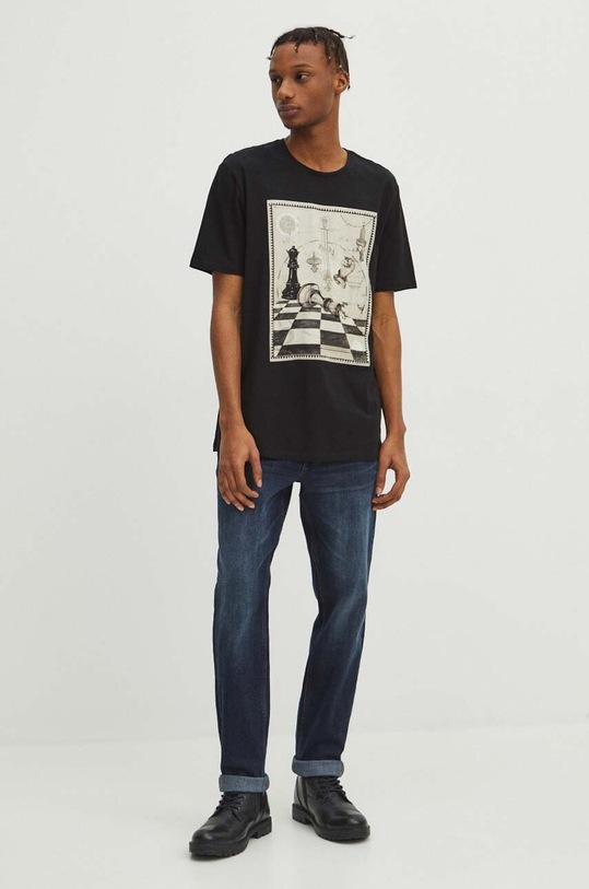 T-shirt bawełniany męski z domieszką elastanu z nadrukiem kolor czarny okrągły czarny RW23.TSM933