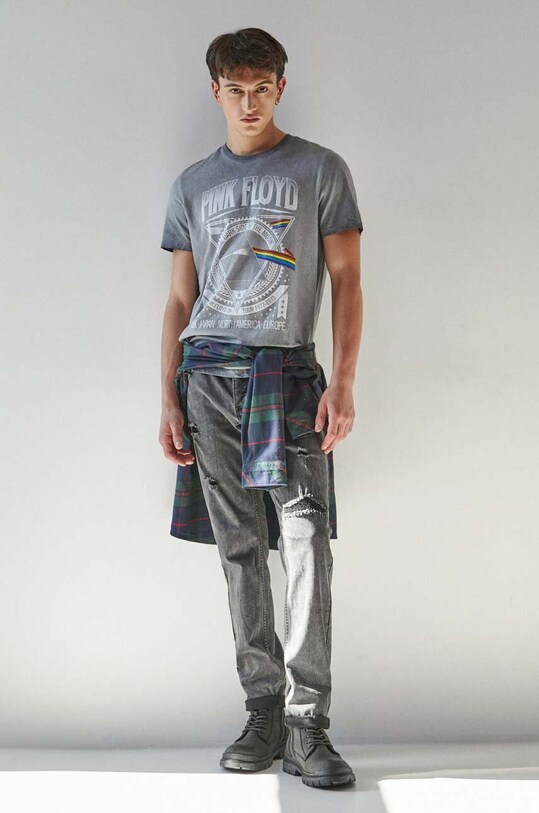 T-shirt bawełniany męski Pink Floyd kolor szary okrągły szary RW23.TSM955