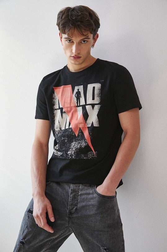 T-shirt bawełniany męski Mad Max kolor czarny okrągły czarny RW23.TSM961