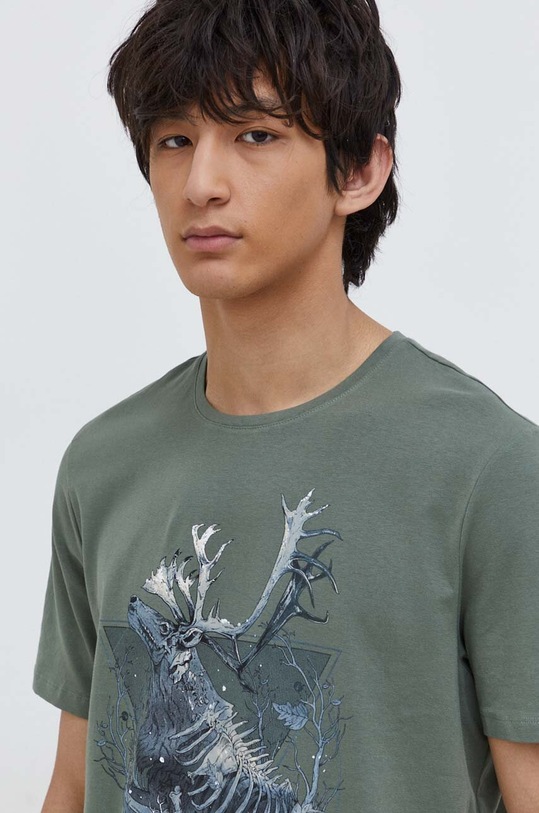 T-shirt bawełniany męski z domieszką elastanu z nadrukiem kolor zielony okrągły zielony RW23.TSMB40