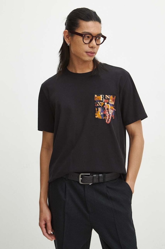 T-shirt bawełniany męski z domieszką elastanu z nadrukiem kolor czarny okrągły czarny RW23.TSMC12