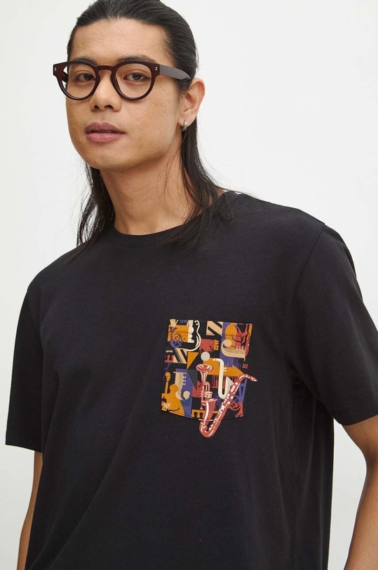 T-shirt bawełniany męski z domieszką elastanu z nadrukiem kolor czarny czarny RW23.TSMC12