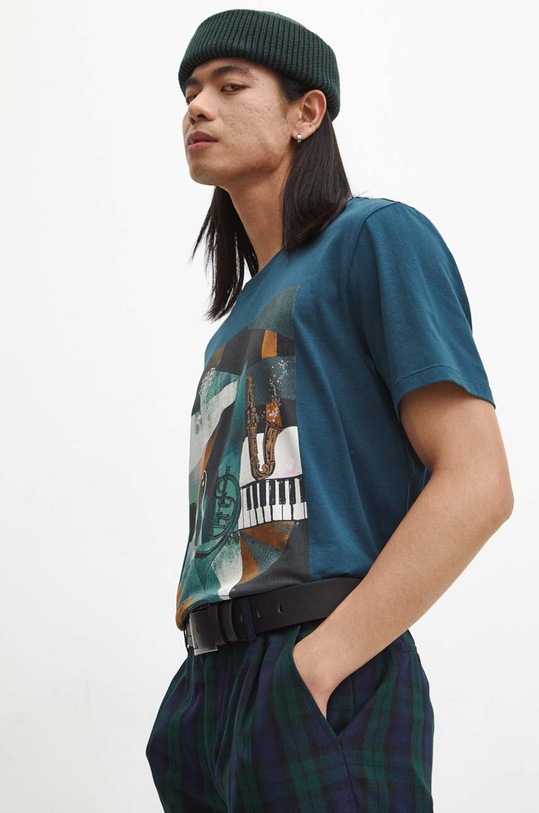 T-shirt bawełniany męski z domieszką elastanu z nadrukiem kolor turkusowy okrągły turkusowy RW23.TSMC14
