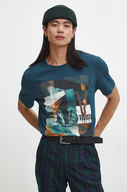 T-shirt bawełniany męski z domieszką elastanu z nadrukiem kolor turkusowy turkusowy RW23.TSMC14