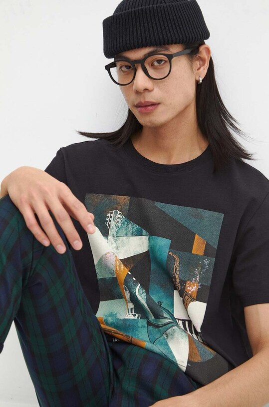 T-shirt bawełniany męski z domieszką elastanu z nadrukiem kolor czarny czarny RW23.TSMC14