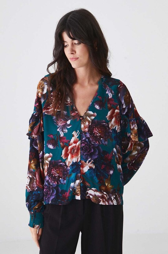 Bluzka damska regular w kwiaty kolor zielony turkusowy RW24.BDD400