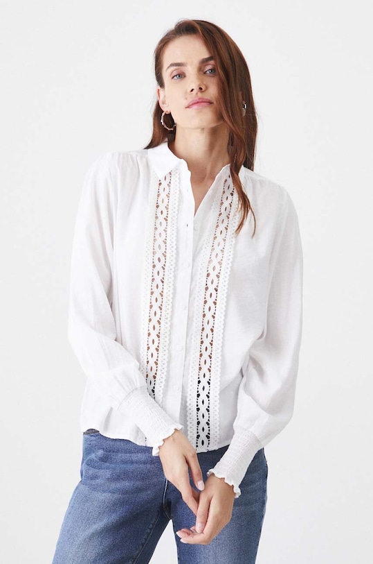 Blúzka dámska s čipkovanými vložkami biela farba dlhý biela RW24.BDD402