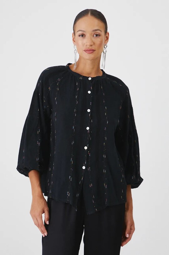Bluzka lniana damska oversize z fakturą kolor czarny bawełna czarny RW24.BDD570