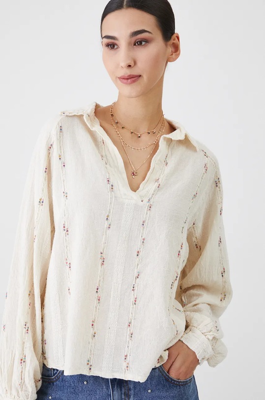 Bluzka lniana damska oversize z fakturą kolor beżowy gładkie beżowy RW24.BDD571