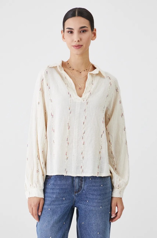 Bluzka lniana damska oversize z fakturą kolor beżowy beżowy RW24.BDD571