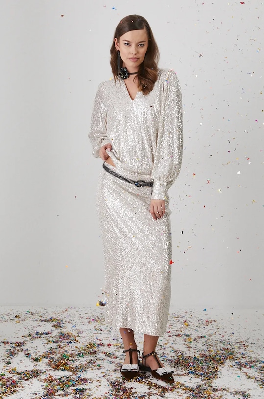 Bluzka damska z cekinami kolor beżowy z elastanem beżowy RW24.BDDA03