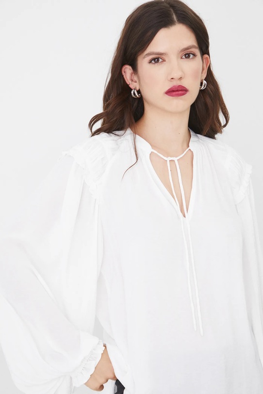 Bluzka damska regular z ozdobnymi falbanami kolor biały biały RW24.BDDA08