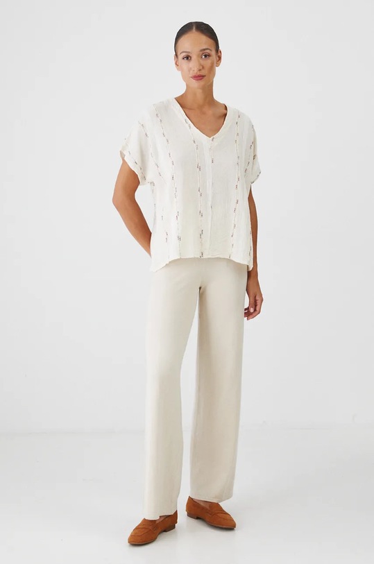 Bluzka lniana damska oversize z fakturą kolor beżowy RW24.BKD570 beżowy RW24