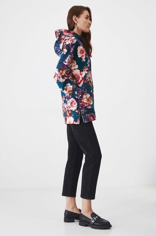 Bluza damska z kapturem w kwiaty kolor turkusowy turkusowy RW24.BLD400