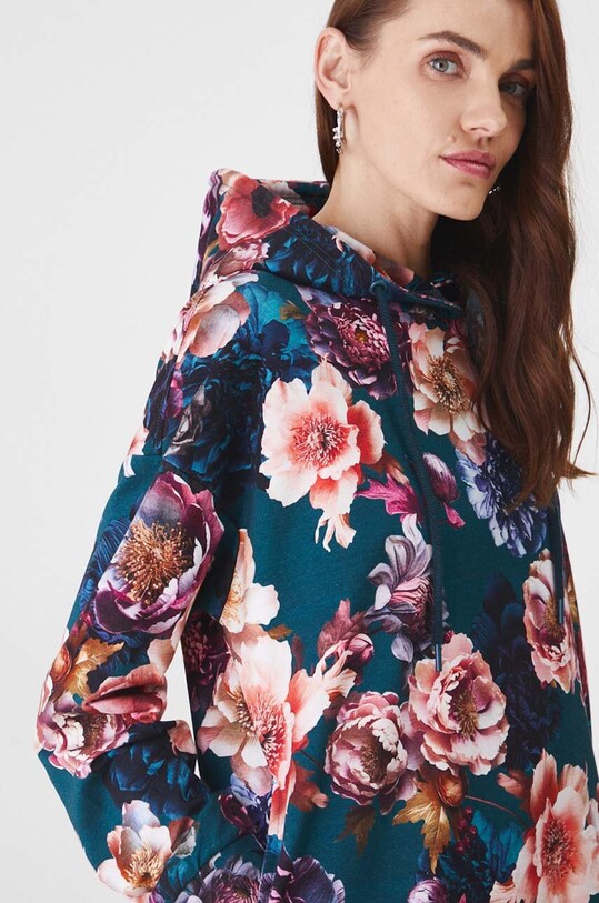 Bluza damska z kapturem w kwiaty kolor turkusowy RW24.BLD400 turkusowy
