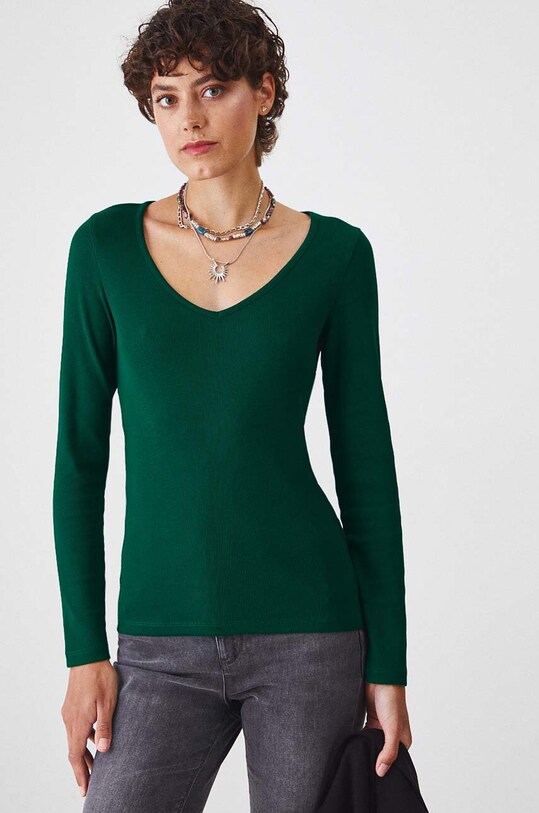 Longsleeve bawełniany damski z domieszką elastanu prążkowany kolor zielony z elastanem turkusowy RW24.BUD030